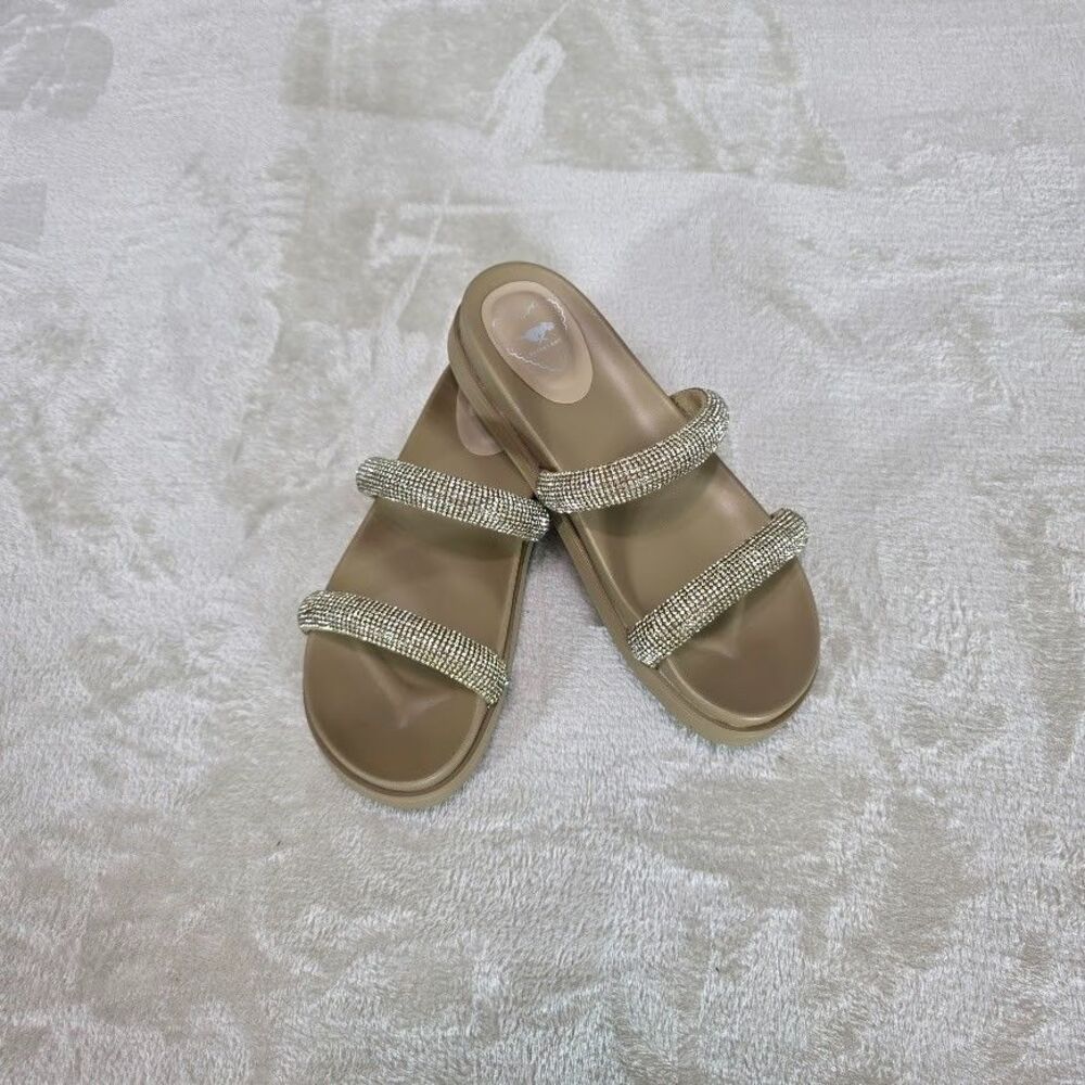 Rocket Dog Sparkle Women's Sandal Size 6M Beige Rhinestone Straps Wedge Slip On